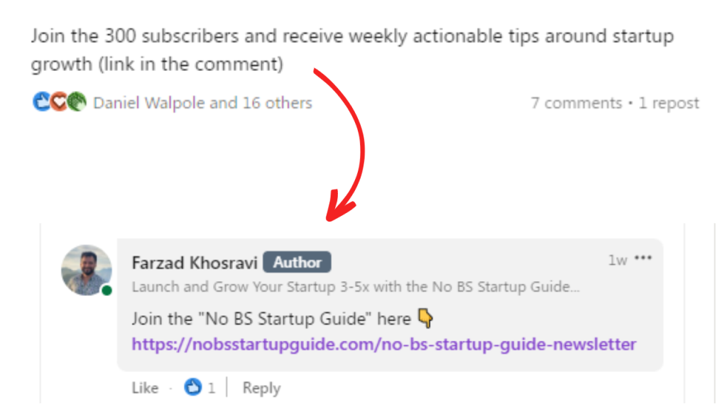 LinkedIn post pointing to the comments, where the author's pinned comment holds the newsletter link