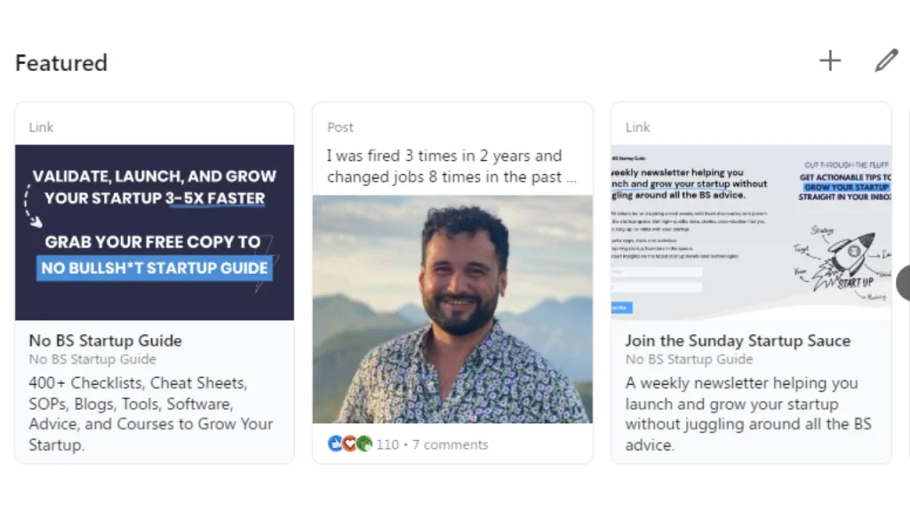 LinkedIn Featured section with three cards: the startup guide, a popular post, and the newsletter signup