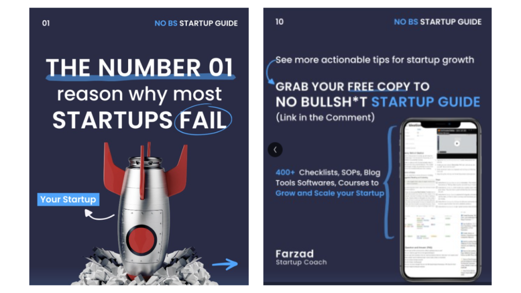 Carousel first and last slides: a hook about why startups fail, then a CTA for the free startup guide