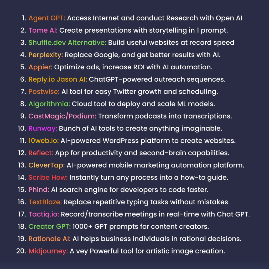 LinkedIn value post listing 20 AI tools with one-line descriptions, from Agent GPT to Midjourney