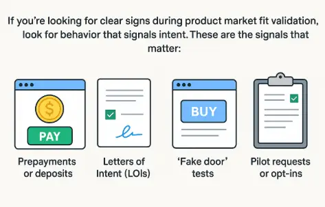 Four validation signals shown as icons: prepayments, letters of intent, fake door tests, and pilot opt-ins