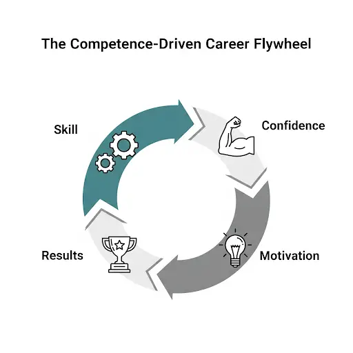 Career flywheel cycling from skill to confidence to motivation to results, and back to skill