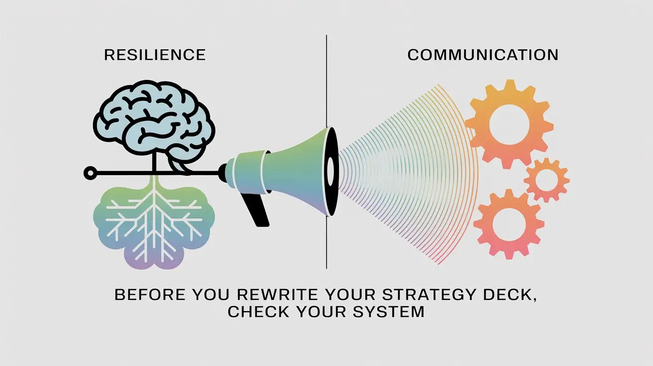 Two levers side by side: resilience as a rooted brain, communication as a megaphone driving gears