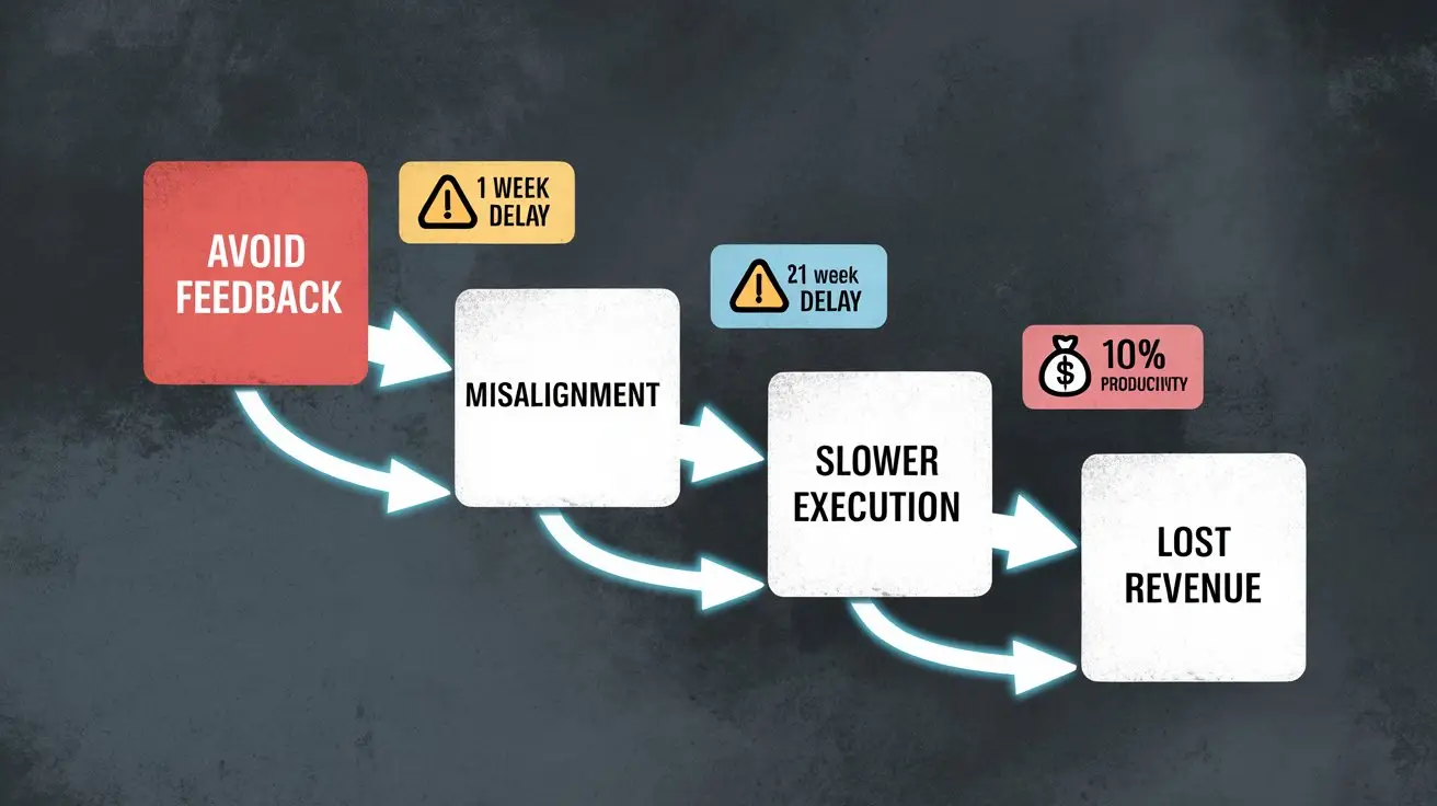 Flowchart: avoided feedback compounds into misalignment, slower execution, and lost revenue