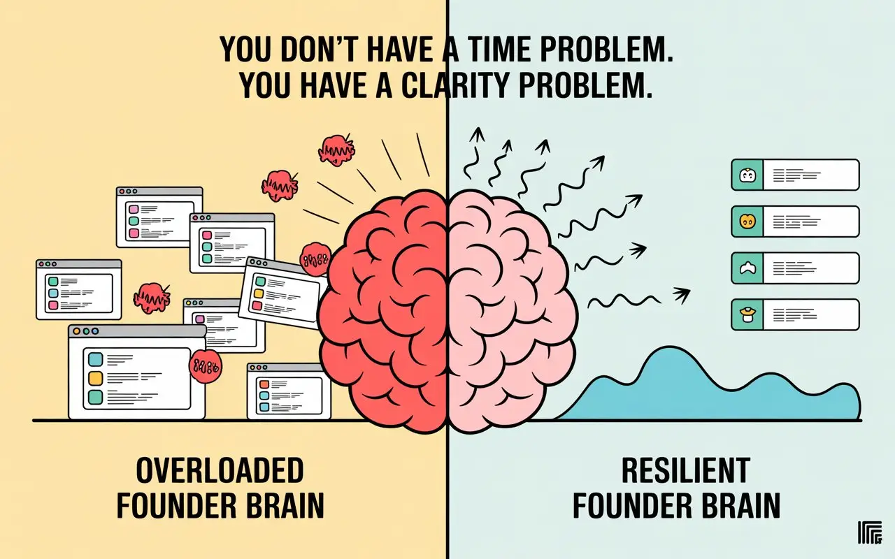 Split infographic contrasting an overloaded founder brain with a resilient one: a clarity problem, not a time problem